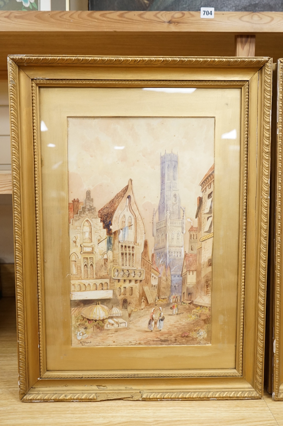 Ada Stone (1879-1904), pair of watercolours, Mechelen and Bruges street scenes, signed, gilt framed, 49 x 29cm